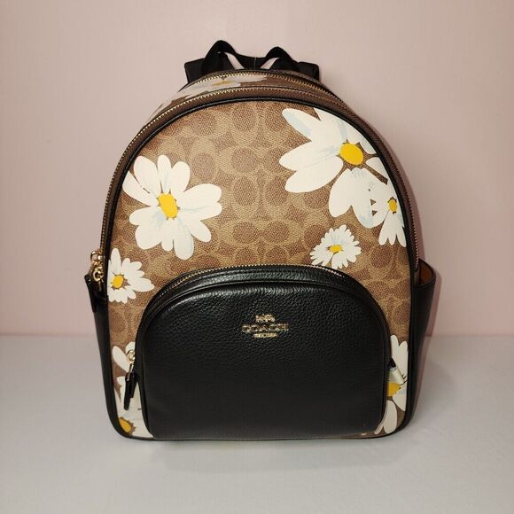 NWT Coach CZ599 Court Tan Floral Print Signature Coated Canvas Leather Backpack - Picture 1 of 5